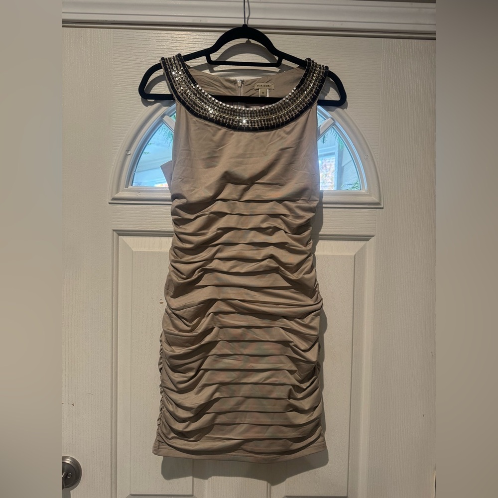 Nikibiki Tan Ruched Mini Dress with Embellished Neckline